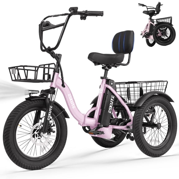 ESKUTE Pink E Trike Electric Bike, Peak 1200W Brushless Motor Folding Trike 18X3.0 Fat Tire Ebike, 499Wh Removable Battery, Step-Thru 3 Wheel Electric Bicycle, 48V 13AH 18MPH Tricycle for Adults