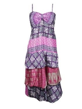 Mogul Women Midi Dress Summer Ruffle Dress, Pink Purple Beach Dress, Spaghetti Strap Recycled Silk Dresses, Beach dresses SM