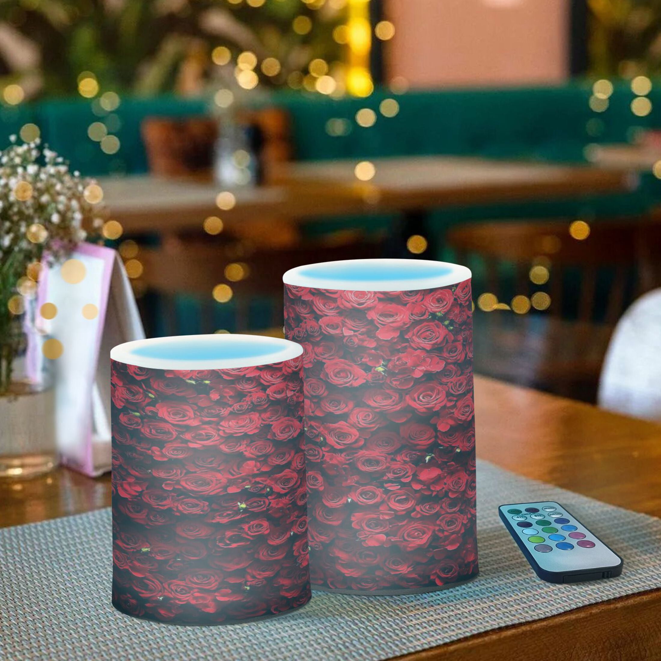 2 PCS Flameless Candles with Remote Timer LED Battery Operated Flickering Candle Light for Wedding Table Home Decoration Gifts Wall Of Red Roses