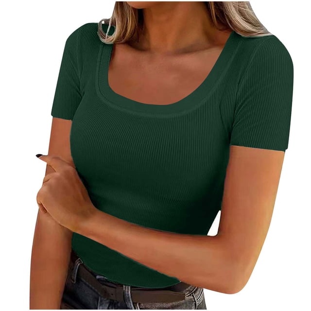 Ounisa Hauts pour Femmes 2026 Chemises à Manches Courtes Été Décontracté Col Rond Couche de Base Côtelée Ajustée T-Shirts