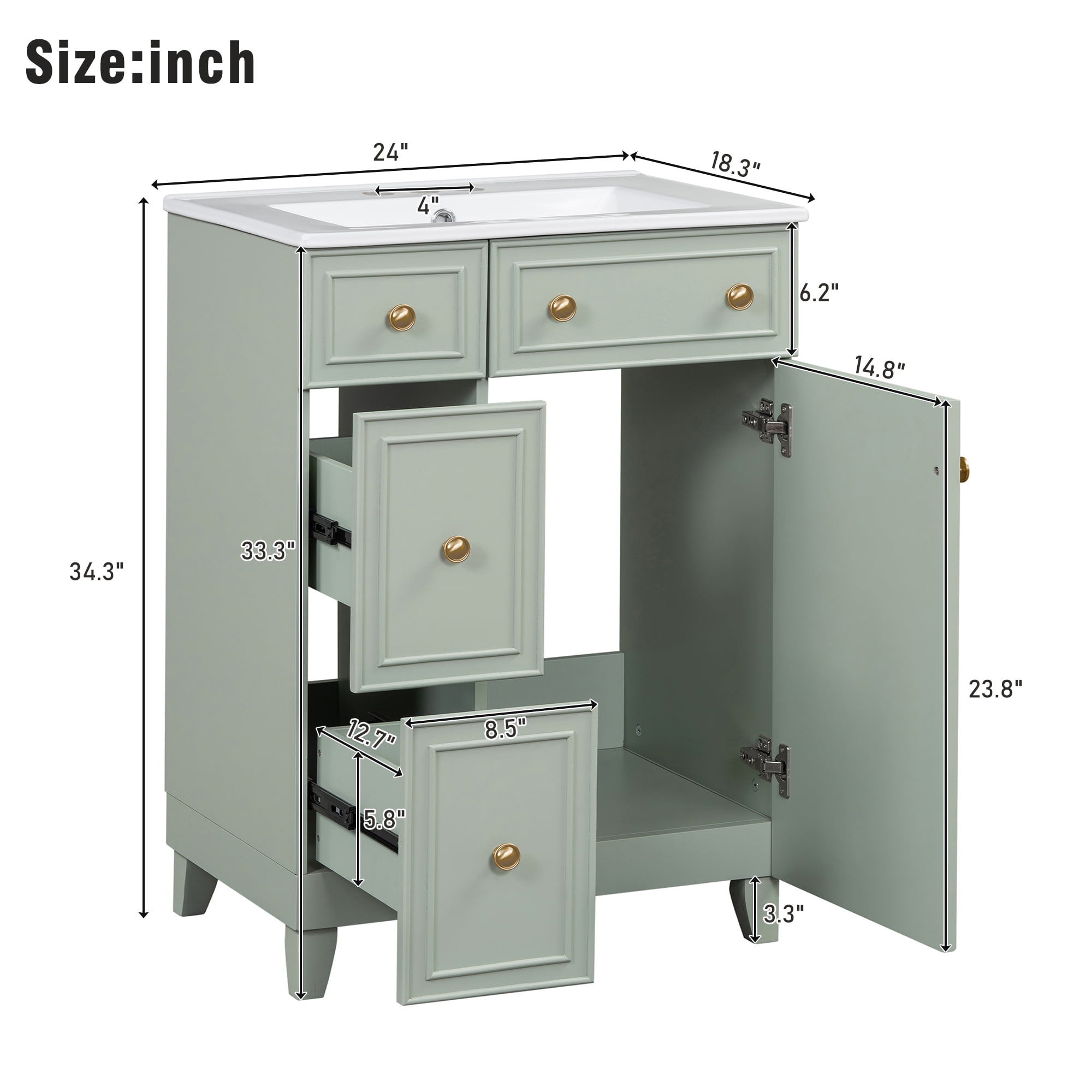 MAYEERTY 24" Bathroom Vanity Cabinet - Ceramic Sink, 2 Drawers, Durable for Daily Bathroom Use