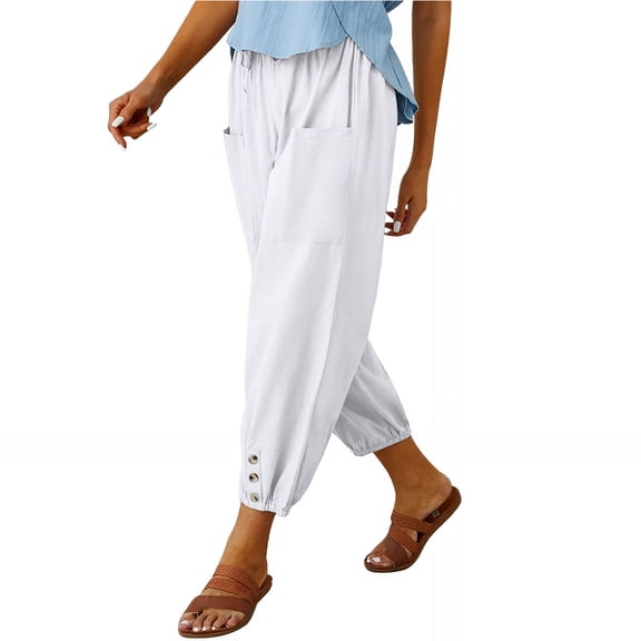 Womens High Waist Pants Drawstring Waist Wide Leg Cropped Comfort Capris Casual Vacation Trousers with Pockets, White, S