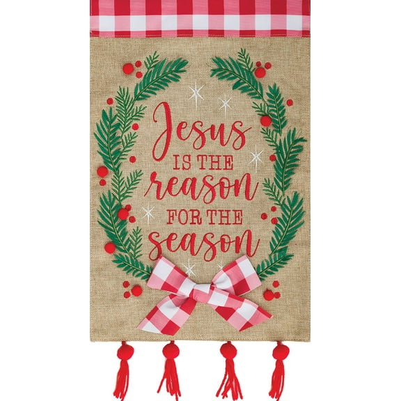 Jesus Wreath - Garden Size, Embroidered Burlap Applique Style, Double Sided Decorative Flag - Approx. 12 Inch X 17.98 Inch