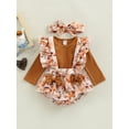 thumbnail image 3 of Franhais Infant Baby Girl Jumpsuit Set, Solid Color Ribbed Long Sleeve Romper + Flower Print Ruffled Suspender Shorts + Bow Headband, 3 of 8