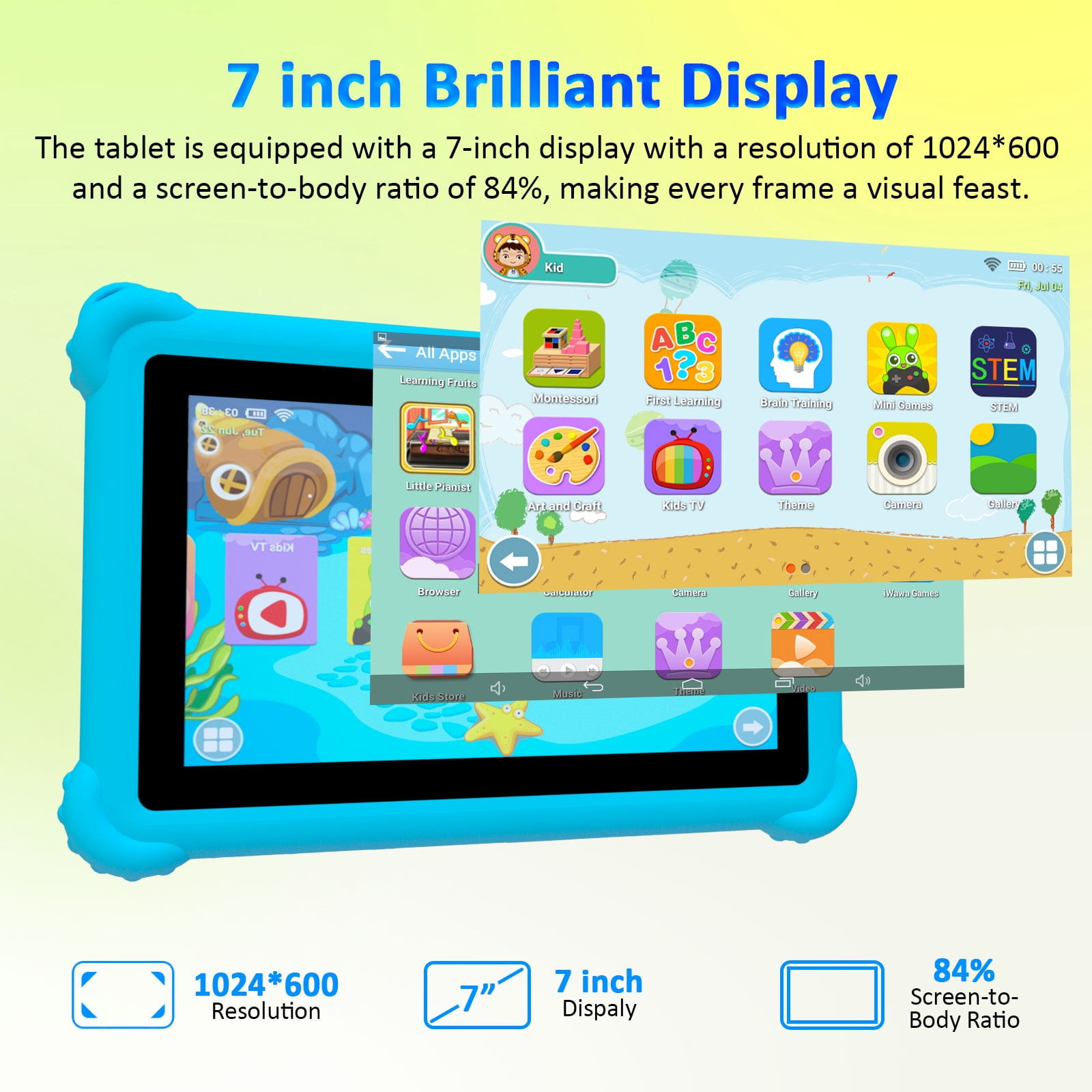 7 inch Kids Tablet for Toddlers, Android 12 Tablet with Case, 4GB RAM+32GB ROM, WiFi, Bluetooth, Safe Eye Protection IPS Screen, Parental Controls, Dual Cameras, Kids Tablet for Education & Gaming