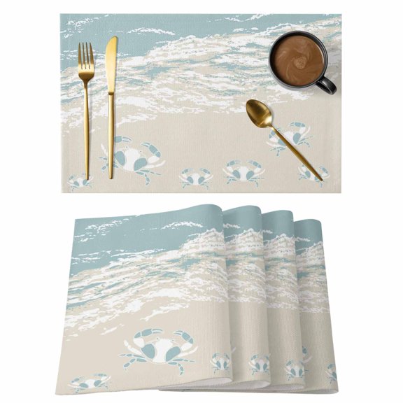 Blue Coastal Crabs Placemats Set of 6, Summer Beach Ocean Abstract Art Placemats for Dining Table, Place Mats for Kitchen Tabletop, Waterproof Wipeable Dining Table Mats Set