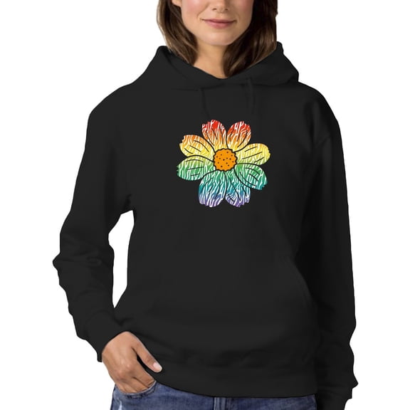 Smartprints Womens Graphic Hoodie Black - Pretty Rainbow-colored Flower Cotton Blend Classic Fit