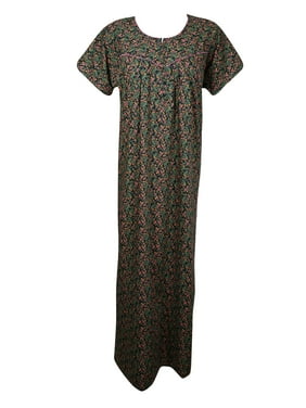 Mogul Women Black Floral Maxi Caftan Nightgown Cap Sleeves Sleepwear Housedress Bohemian Loose Nightwear Patio Dresses XL