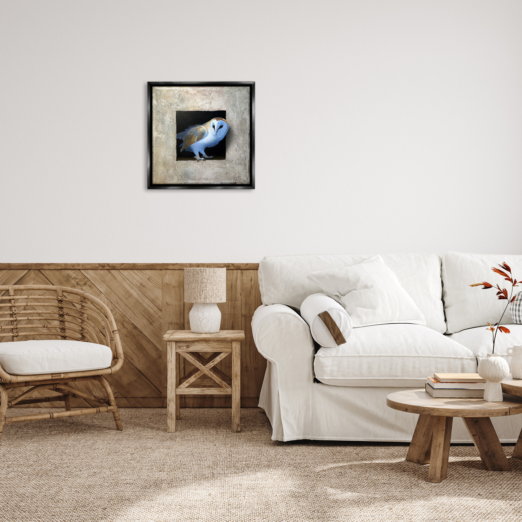 Stupell Industries Mysterious Barn Owl Peering Animals & Insects Painting Black Floater Framed Canvas Art Print Wall Art, 25 x 25