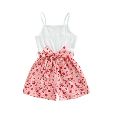 Franhais Kid Girl Sleeveless Romper, Dot/Floral/Leopard Printed Patchwork Sling Playsuit with Belt