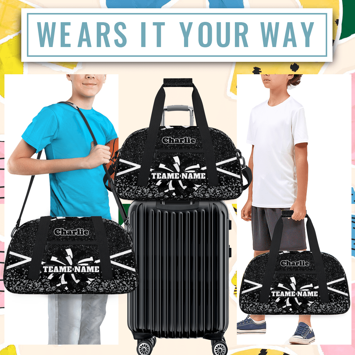 Personalized Cheerleader Bag Dance Bag, Custom Team Bag Gym Bag Sport Duffel Bag, Weekender Bags Travel Bag for Cheer Team Black Glitter