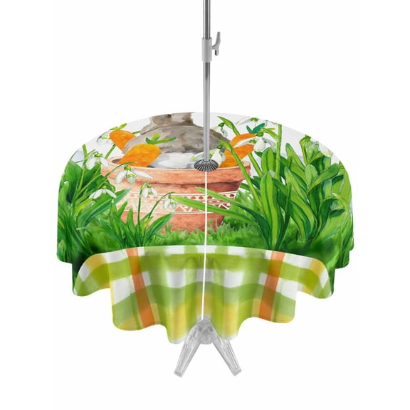 Easter Bunny Outdoor Tablecloth - 54 Inch Round Dining Table Cover, Spring Garden Floral Botanical Plaid Rustic Waterproof Outdoor Table Cloth with Umbrella Hole & Zipper for Picnic/Patio/Party