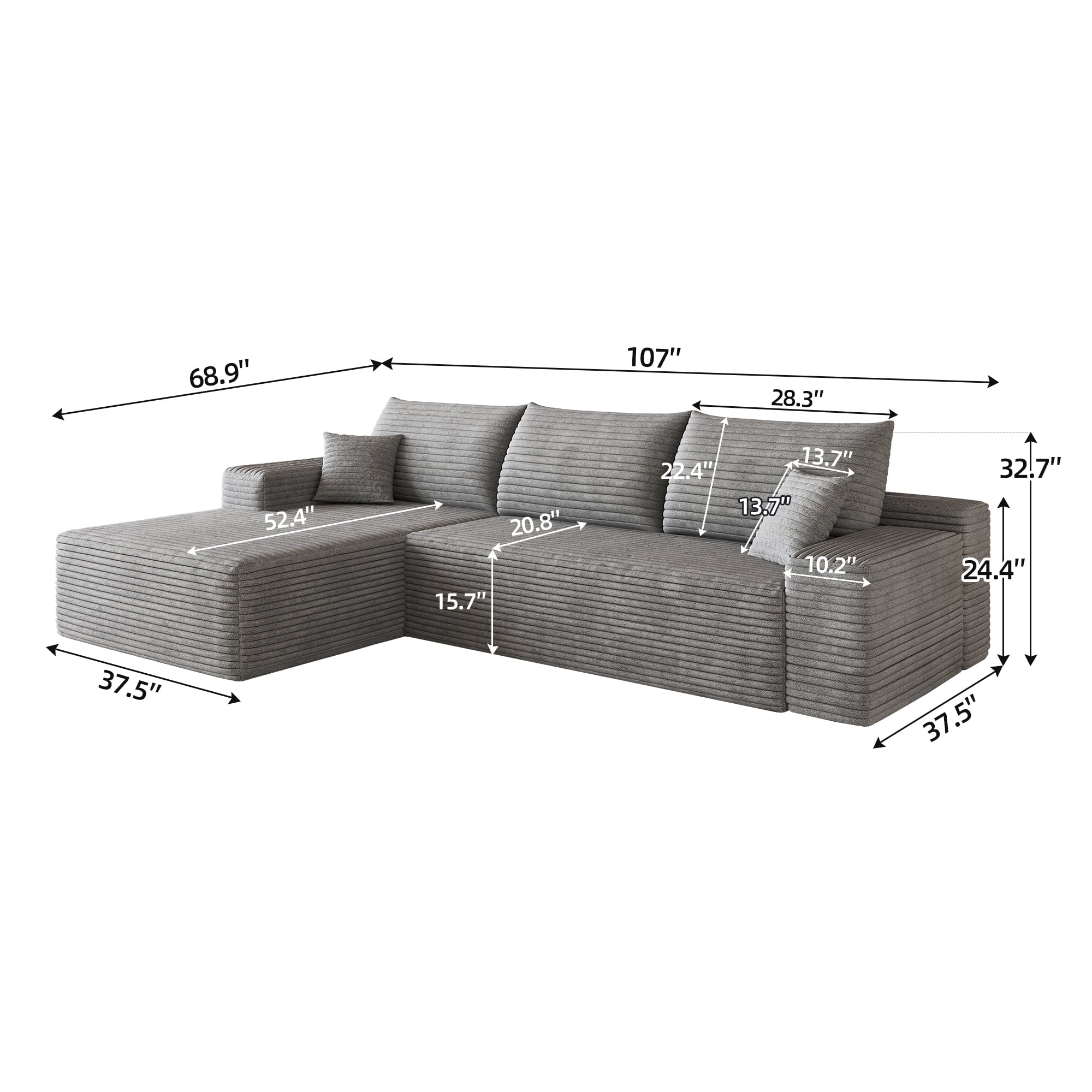 Cloud Sectional Couch 107-Inch with L-Shape Chaise and Deep Seat, Modular Sofa and Corner Couch for Living Room Bedroom, No Assembly Required, Gray