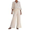 thumbnail image 2 of Women's Two Piece Set, Long Sleeve Button Down Shirt and Elastic Waist Wide Leg Pants, Matching Linen Blend Resort Wear, Beach Cover Up and Loungewear Set for Women-White, 2 of 4