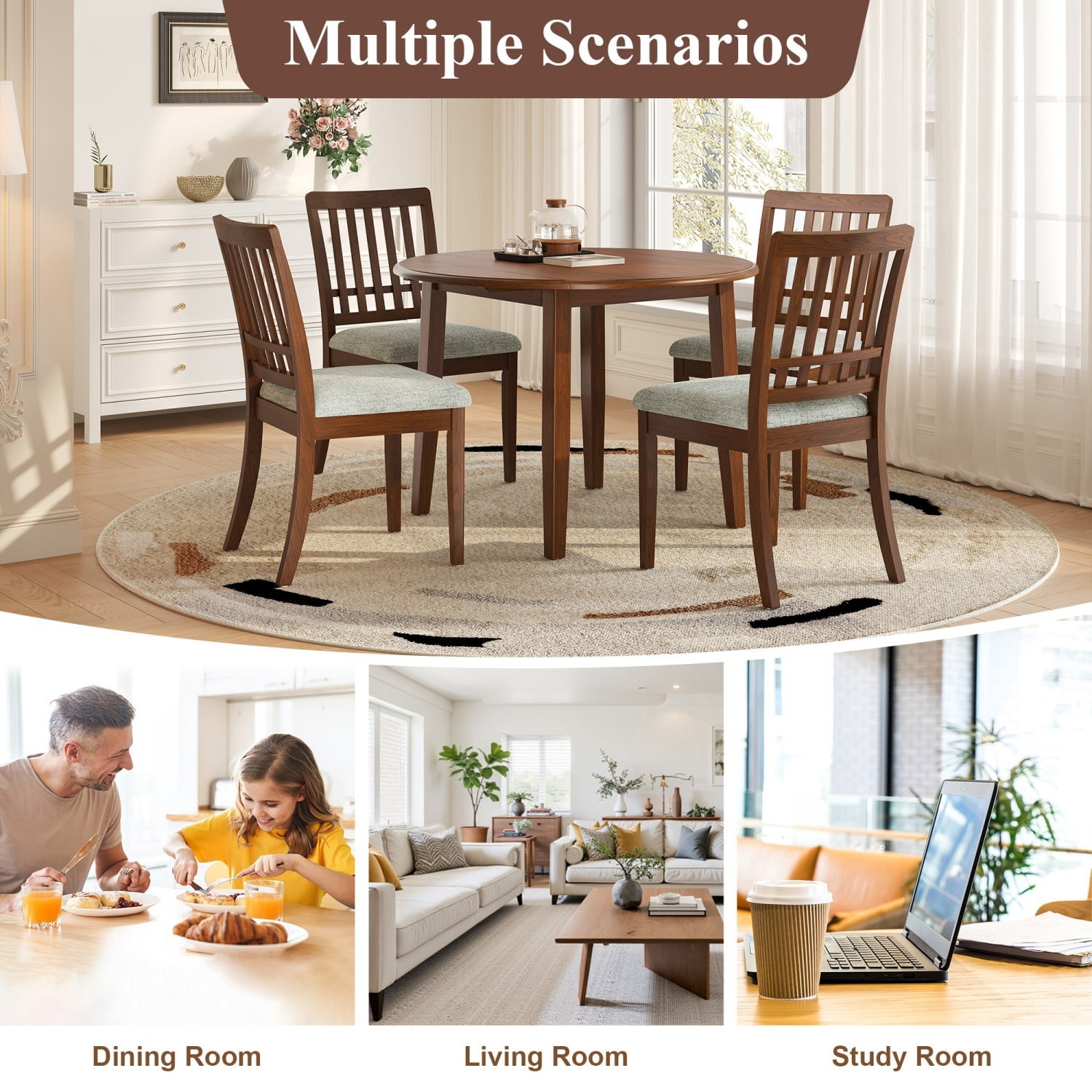 Extendable Round Dining Table for 2–4 People Folding Wood Dining Table Adjustable Space Saving Design for Small Apartment Dining Area, Brown