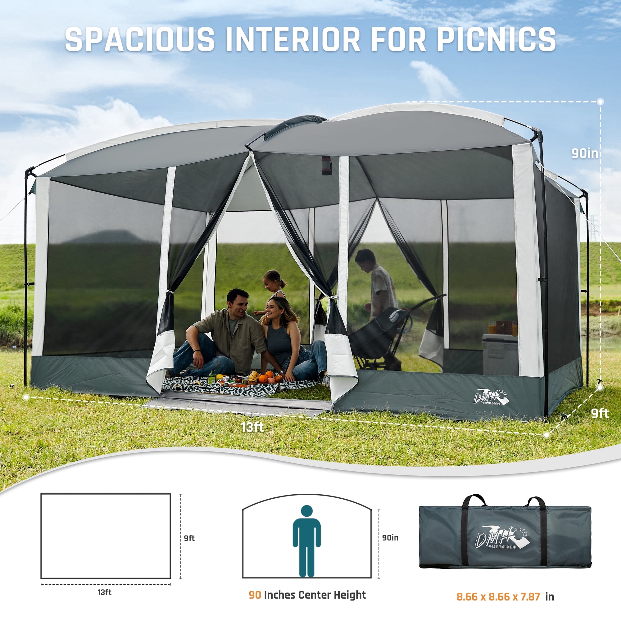13' x 9' Screen House Tent with Projection Mesh Gazebos Camping Tent for Outdoor Patios Backyards Gray