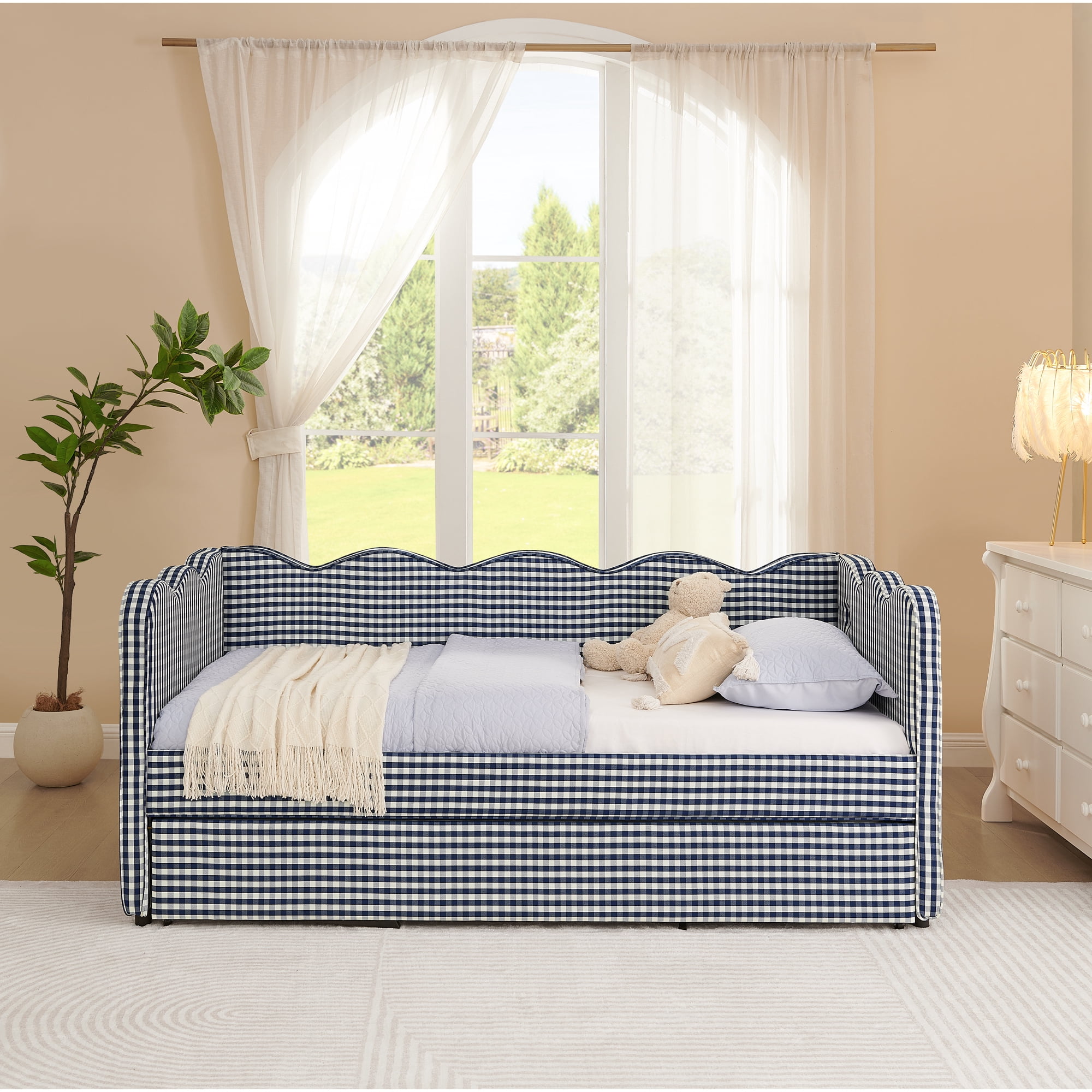 Leumius Twin Size Gingham Daybed with Pop Up Trundle,Modern Linen Daybed with USB Ports and Adorable Wave Shaped,Upholstered Day Bed Fram for Living Room/Bedroom/Guest Room,Navy