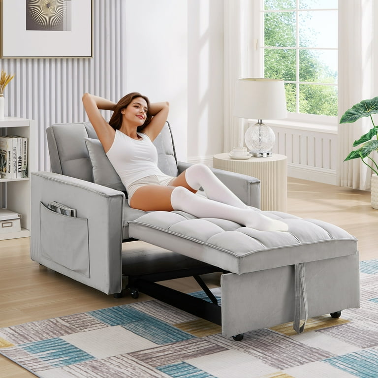 Dinosisco 3 in 1 Convertible Chair Bed Sleeper Chair Lounge Chair Indoor Modern Single Pull Out Couch for Living Room Gray Velvet