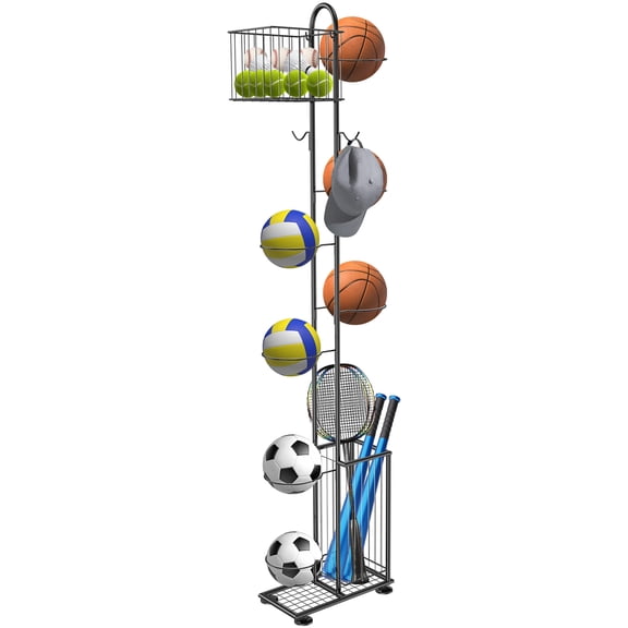 Threns Basketball Rack,7-Tier Freestanding Basketball Holder with Storage Baskets and Hooks,Mulit-Tier Garage Sport Equipment Organizer for Volleyball,Football,Basketball,Golf