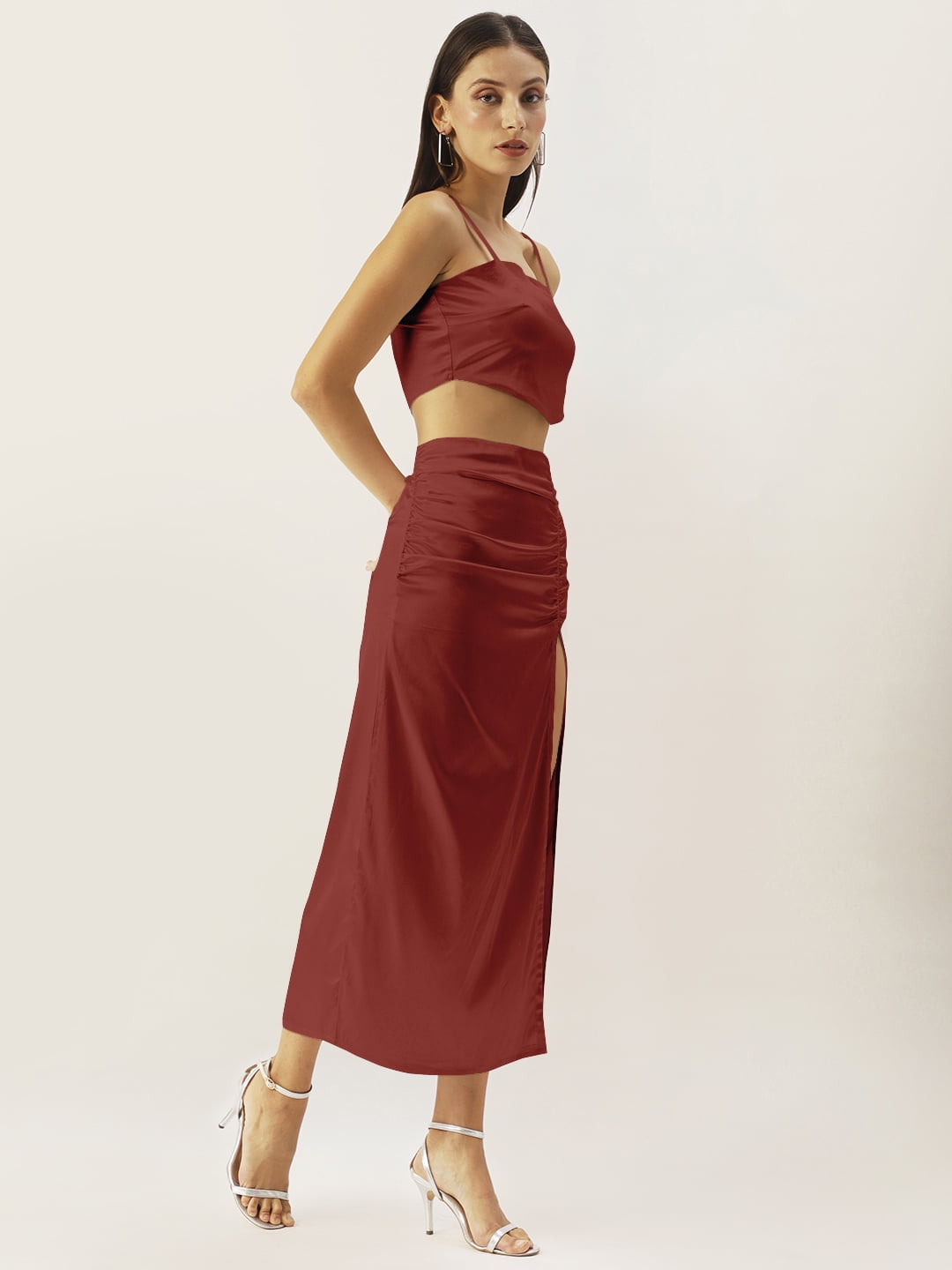 DressBerry Women's Solid Satin Knee Length 2 PCS Skirt Blouse Set Spaghetti  Straps Shoulders Sleeveless High Rise Square Neck Western Style 