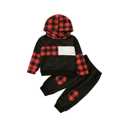 

Canis Kids Toddler Baby Boys Winter Outfit Christmas Plaid Hoodie Sweatshirt Tops+Pants Xmas Clothes Set