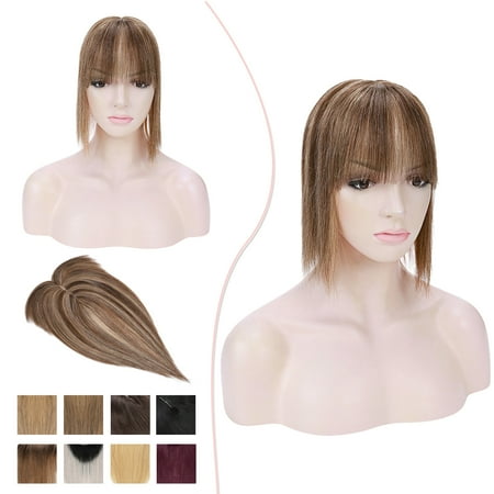 MY-LADY 100% Remy Human Hair Women Topper Hair Toppers Silk Base Hair Pieces Clip In Hair Topper with 3D Air Bangs 17 Colors 12inch #4P27 Medium Brown & Dark Blonde