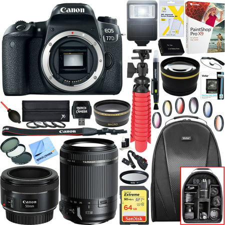 Canon EOS 77D 24.2 MP CMOS (APS-C) DSLR Camera (Body) w/ Wi-Fi & Bluetooth w/ Tamron 18-200mm Di II VC All-In-One Zoom Lens + Canon EF 50mm f/1.8 STM Prime Lens Plus 64GB Accessory Bundle
