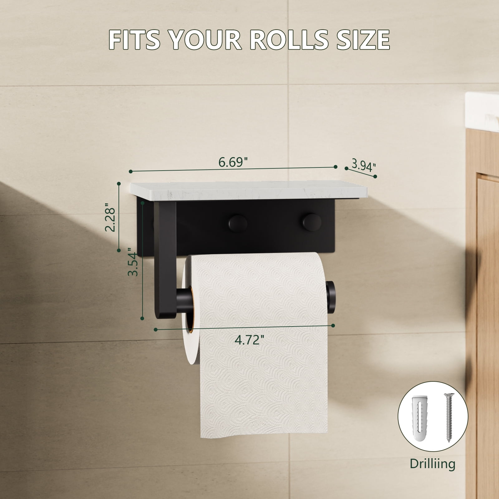 Wall Mount Toilet Paper Holder With Natural Marble Shelf Tissue Storage Holder In Matte Black