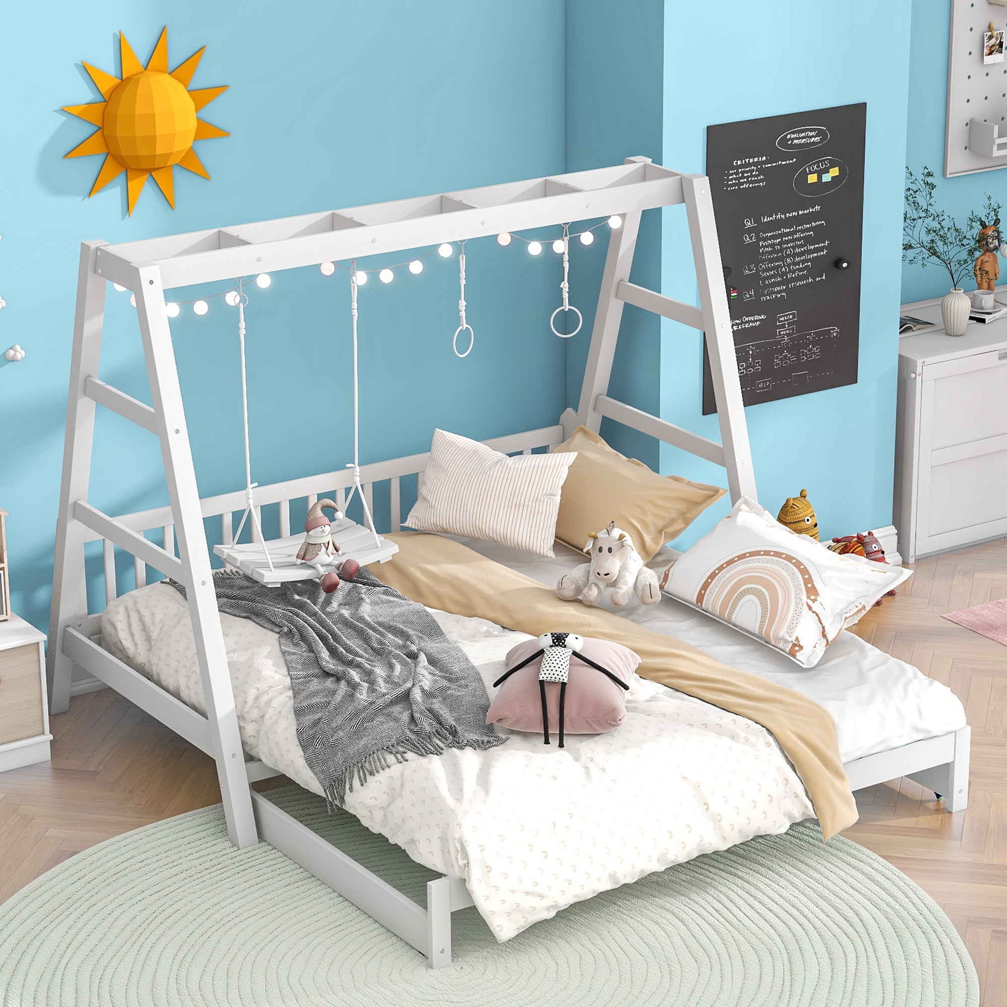 Extendable Twin Daybed with Swing and Handles, Wooden Platform Bed Frame  with Pull Out Bed for Toddlers Kids, Twin Size Daybed with Wood Slat  Support for Kids Bedroom, White 