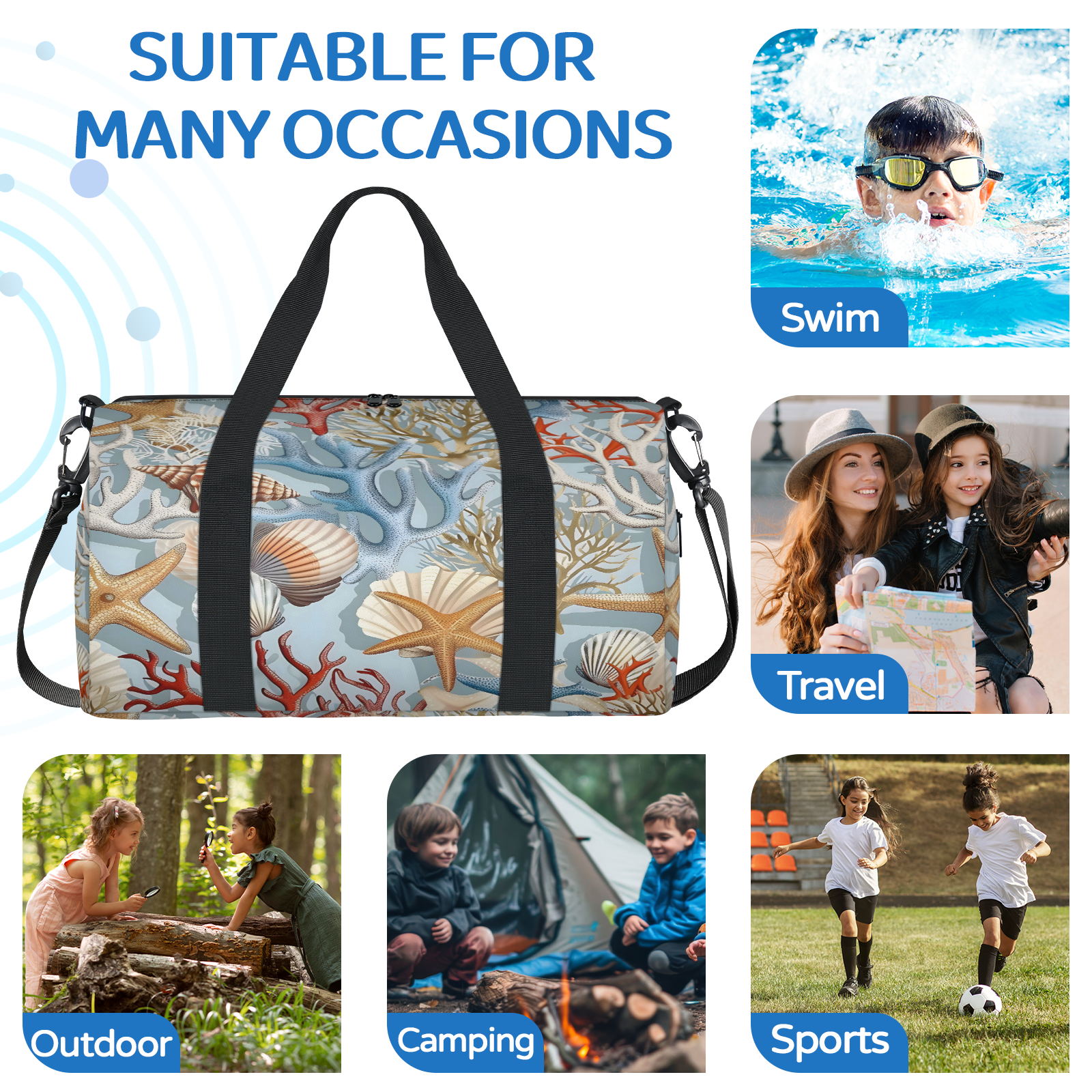 Herdesigns Nautical Coastal Gym Bag for Women, Duffle Bag for Travel Sport, Lightweight Waterproof Carry on Weekender Overnight Dance Yoga Workout Bags