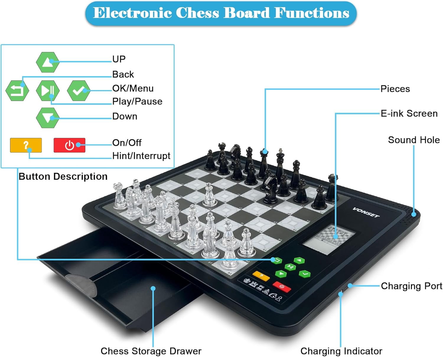 Vonset L6 chess computer Electronic Chess Set Computer Chess Board Game Chess Sets for Beginners and Improving Players