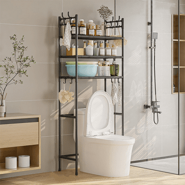 Clearance! Over The Toilet Storage Shelf, 3-Tier Above Toilet Storage Organizer Rack with Hooks, Freestanding Bathroom Tower Shelf Unit for Small Space, No Rust, Easy to Assemble, on Clearance Black