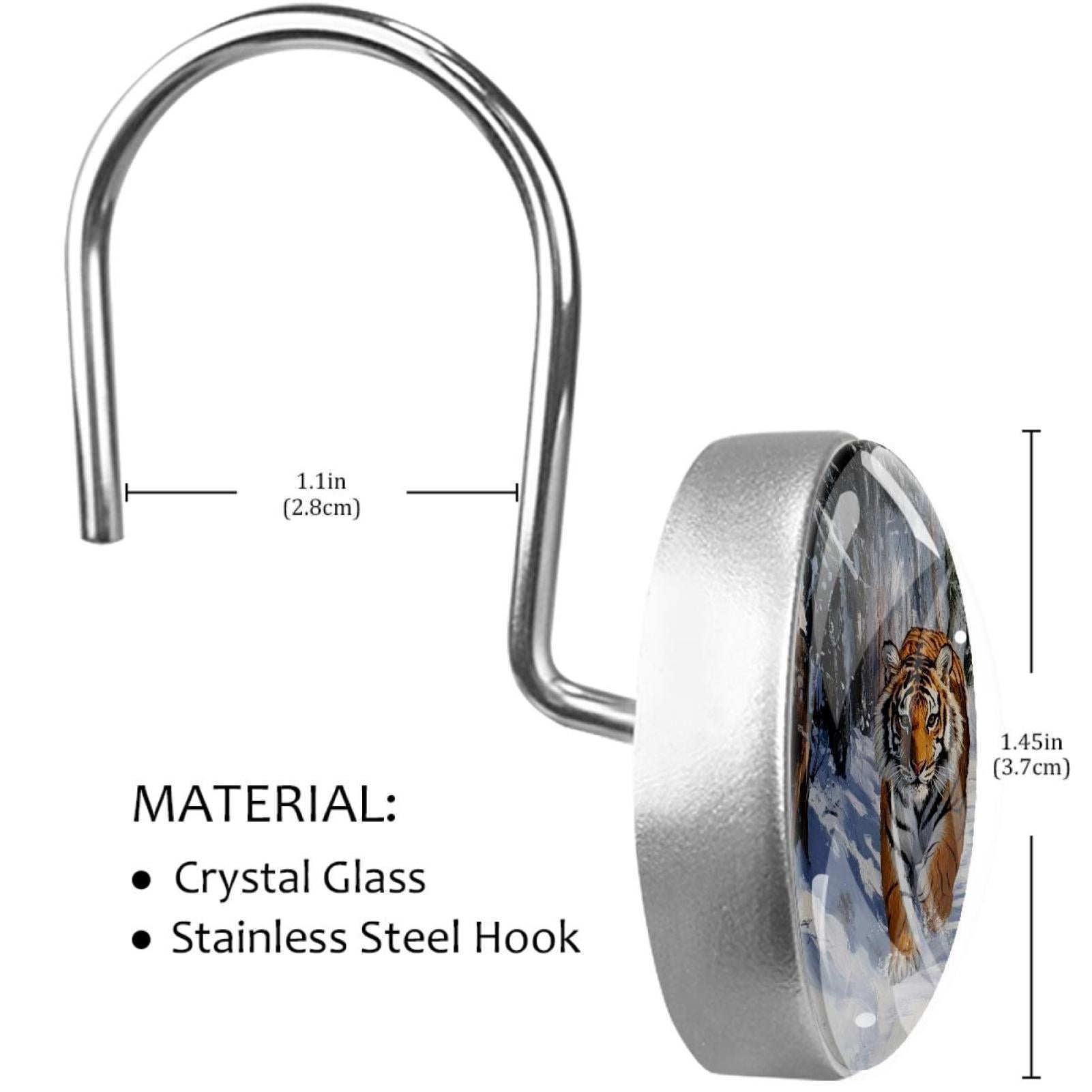Snow Forest Tigers Shower Curtain Hooks Round Crystal Glass, Set of 12 Shower Curtain Rings - Shower Hooks for Curtain Shower Rings