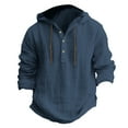 thumbnail image 2 of Caqnni Men Cotton Linen Shirts with Hood Casual V Neck Long Sleeve Hooded Sweatshirts Summer Button Hawaiian Shirt (Dark Blue,S), 2 of 4