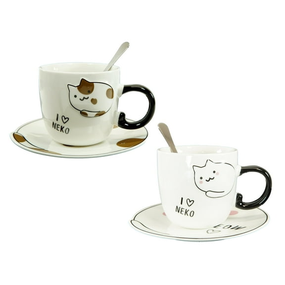Pack Of 2 Calico And White Maneki Neko Cat Mugs 8oz With Saucer & Notched Spoon