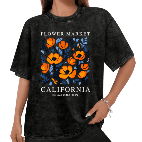 UNISHE Women's California Poppy Flower Market Graphic Oversized Short Sleeve T-shirt Floral Casual Washed Tee