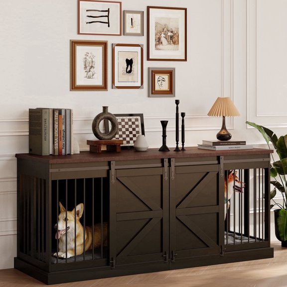 71" Black Wooden Dog Crate Furniture with Divider & Double Sliding Barn Doors