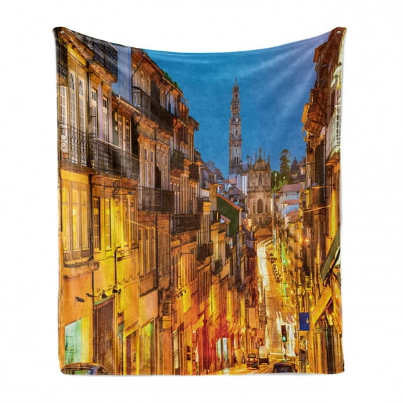 European Soft Flannel Fleece Throw Blanket, Cityscape Toward Old Buildings in Porto Mediterranean Town Streets Scenic Image, Cozy Plush for Indoor and Outdoor Use, 70" x 90", Multicolor, by Ambesonne