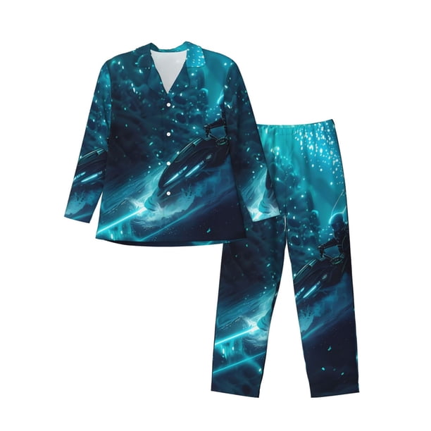 Balery Futuristic Jet Ski Adventure Pijama para Hombre de Dos Piezas con Manga Larga, Conjunto de Dormir y Descanso Suave con Bolsillos-Small