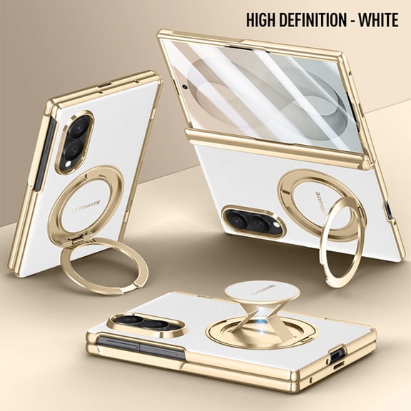 for Samsung Galaxy Z Fold 8 Case, Stylish Magnetic PU Leather PC Hinge Protection Hand Strap 360° Rotating Ring Stand Front HD Screen Protector Anti-Scratch Anti-Fingerprint Phone Cover, White