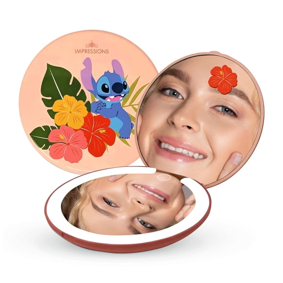 Impressions Vanity Disney Stitch Espejo compacto con luz de doble cara Lindo espejo de maquillaje de viaje con aumento Luz diurna Iluminación LED Brillo ajustable y control táctil (Coral)