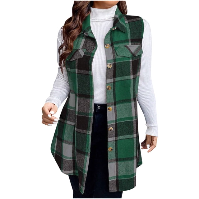 Gilets Thermiques d'Hiver pour Femmes Mode Décontractée à Carreaux Double Face Vestes Sans Manches Col Rabattu Chaud Doux Vert m