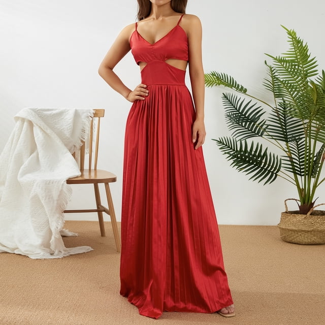 SAYOO Vestido largo para mujer, correa de espagueti, sin mangas, sin espalda, con cuello en V y plisado SAYOO Moda