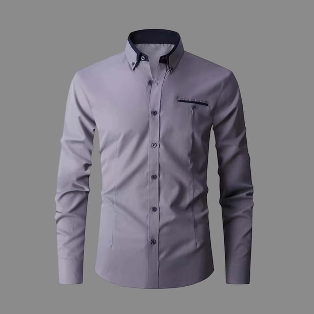 Ceisia Contrast Panel Stand Collar Shirt Men's Slim Fit Long Sleeve Casual Button-Down Top with Pocket Gray XXXL Gifts