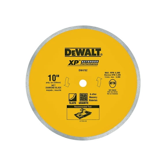 DEWALT XP DW4762 Tile Diamond Saw Blade, 10 in Dia Blade, 4 in D Cutting, 5/8 in Arbor/Shank, Wet/Fast/Chip-Free Cutting