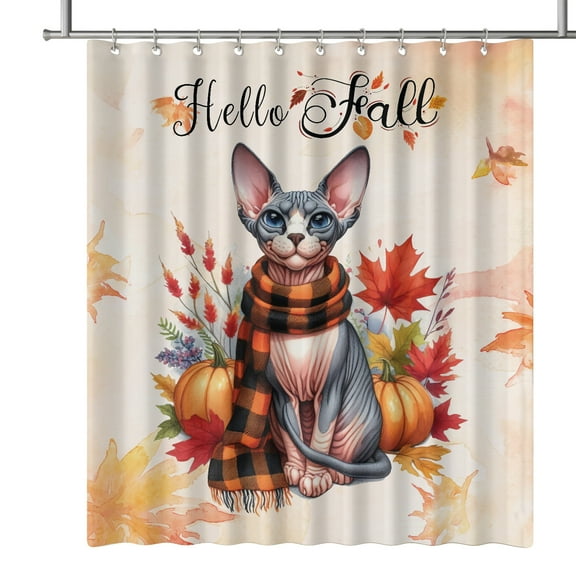 Hello Fall Sphynx Scarf Welcome Autumn with Leaves Pumpkins Shower Curtain Cat Lover Kitten Owner Gifts Idea Waterproof Bathroom Bathtub Curtain - 00011