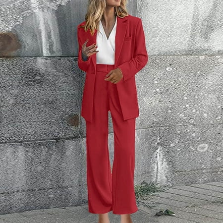 Xdegoge Suit Sets Women 2 Piece Fall formal Outfits Baggy Long Sleeve Lapel Straight Shoulder Blazer Jacket Loose Open Front Cardigan Business Casual Clothes High Waist Wide Leg Dress Pants Trousers