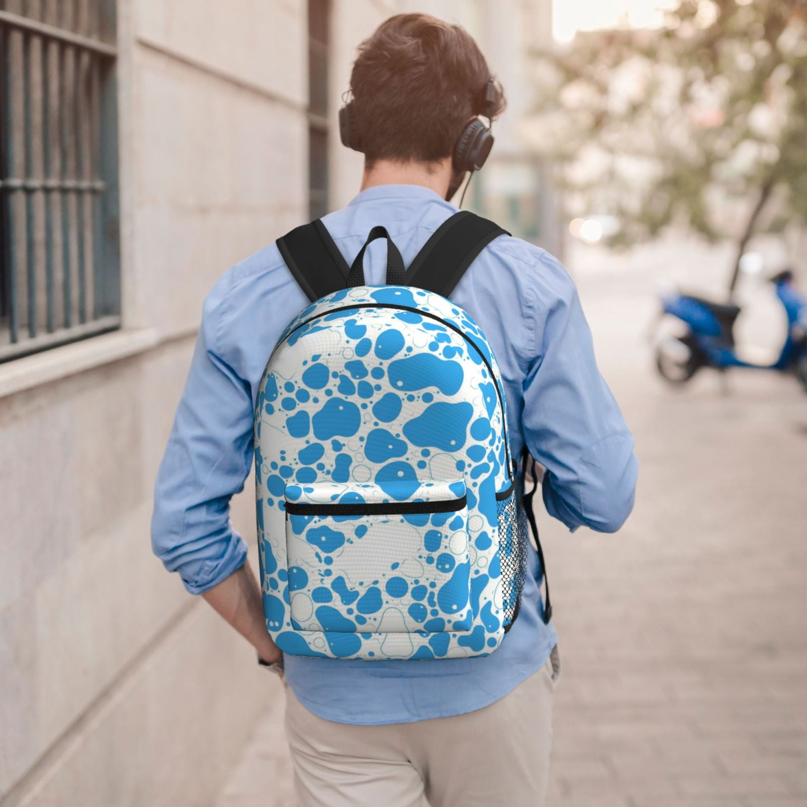 17in Backpack With Pocket Adjustable Shoulder Strap Large Capacity Zipper Opening And Closing Double Pull Head Zipper For Work Travel Sports Milk Cow Skin Print Style Powderblue_3