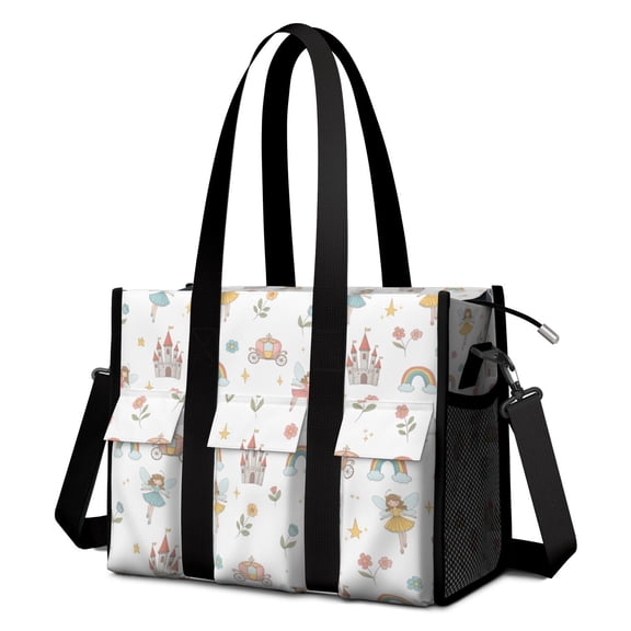 Teacher Tote Bag,White Fairy Castle Pattern Teacher Utility Tote Bag,Large Work Tote Bags for Women with Multiple Pockets,Top Zipper Closure,13.8x10.6x6.7 Inch