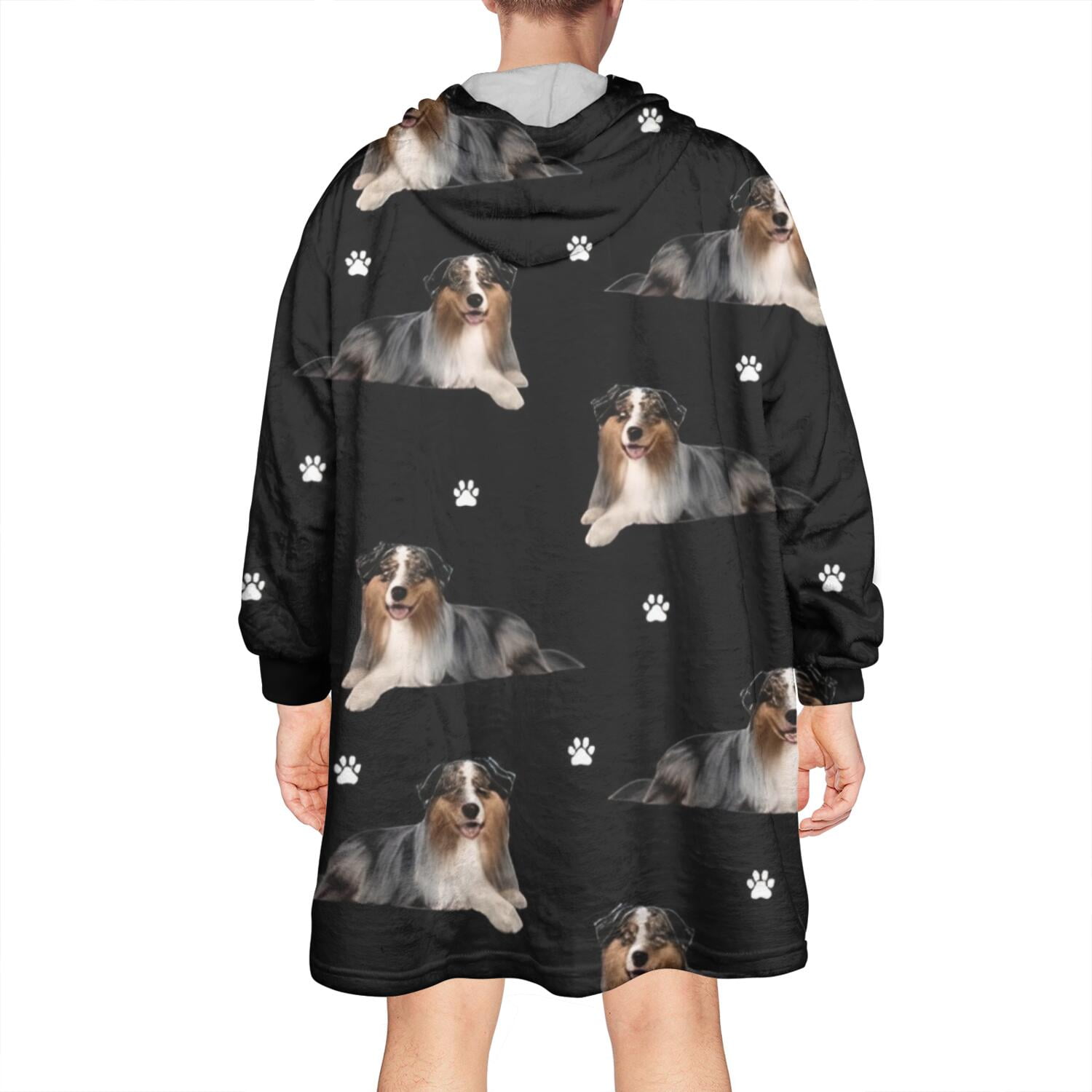 Australian Shepherd Dog and Footprints Wearable Oversized Blanket,Wearable Blanket Hoodie for Adults,Cozy Hooded Blankets with Super Pockets,Super Warm Fuzzy Pullover for Women & Men